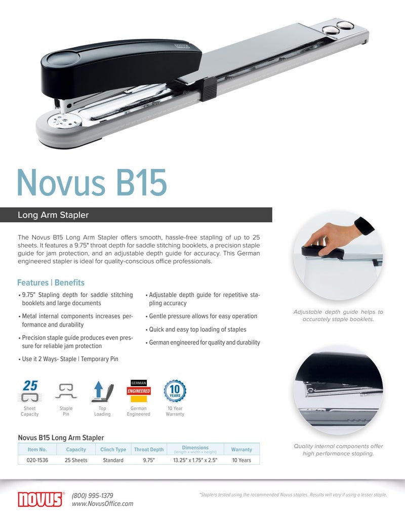 NOVUS دباسة نوفوس B15 ذات الذراع الطويل، عمق دباسة 9.75 بوصة، سعة 25 ورقة، مصممة في ألمانيا، دباسة | دبوس، محرك فولاذي، ضمان 25 سنة (020-1536) - Image 4